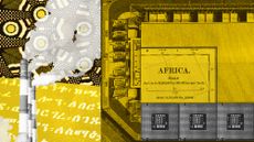 Photo collage of a data centre, Ge'ez script, African wax print cloth, and microchips