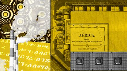 Photo collage of a data centre, Ge'ez script, African wax print cloth, and microchips