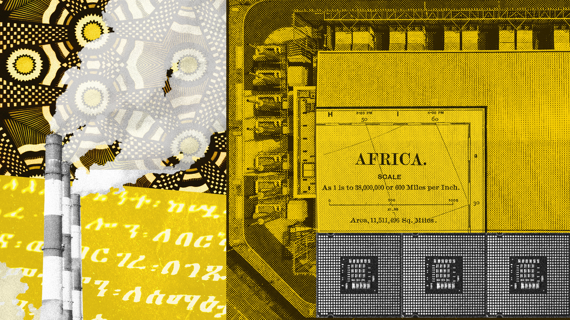 Photo collage of a data centre, Ge'ez script, African wax print cloth, and microchips