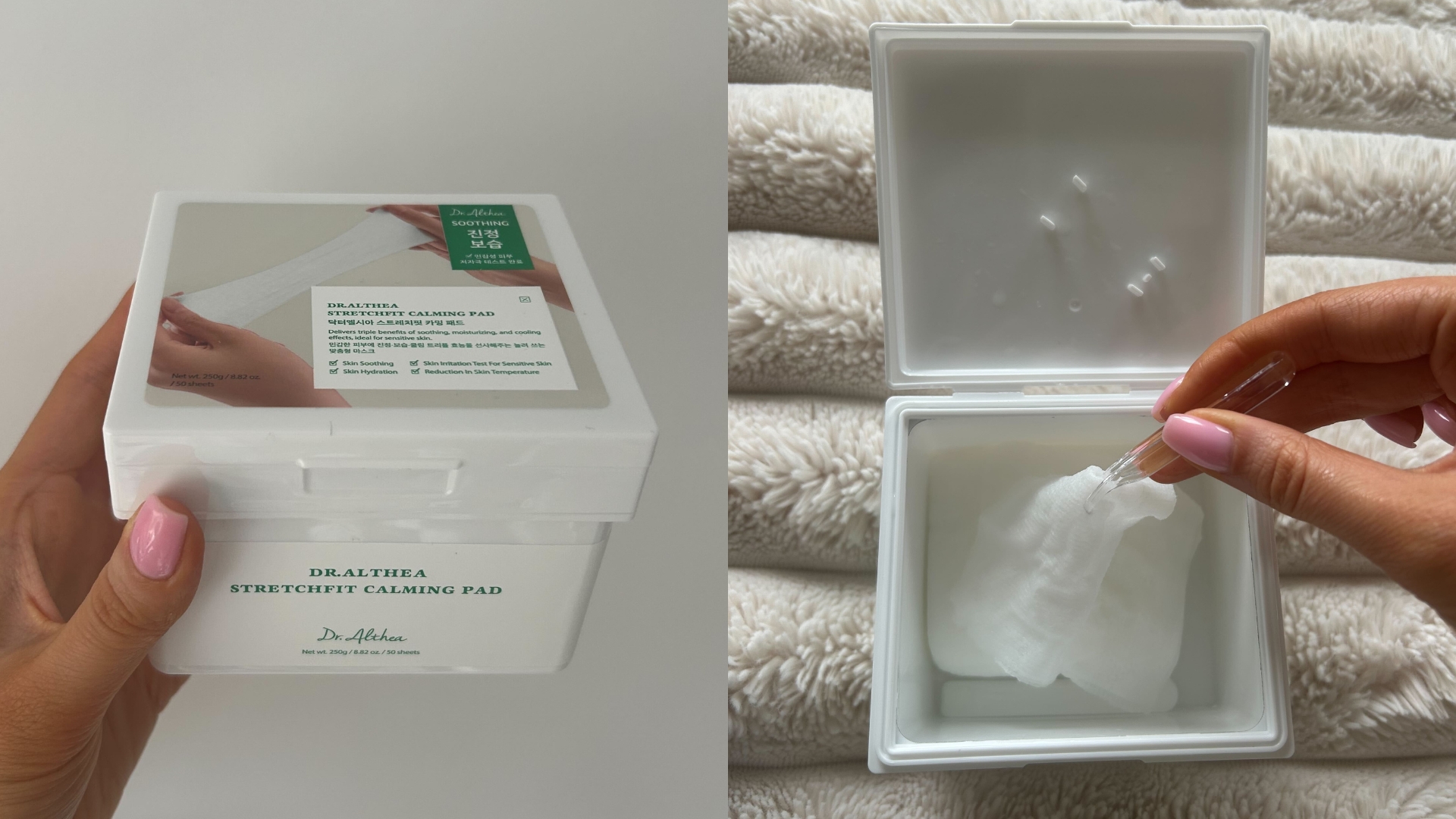 On the left, hand holding Dr.Althea Stretchfit Calming Pads, on the right hand using tweezers to pick up one of the Dr.Althea Stretchfit Calming Pads