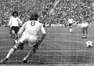 Paul Breitner scores a penalty for West Germany against the Netherlands in the 1974 World Cup final.