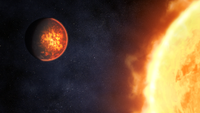 A reddish orange planet with what look like charred edges is seen next to a giant star, slightly offscreen.