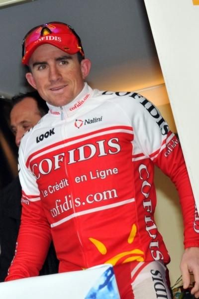 Samuel Dumoulin (Cofidis Le Credit En Ligne) heads out on stage for the victory ceremony.