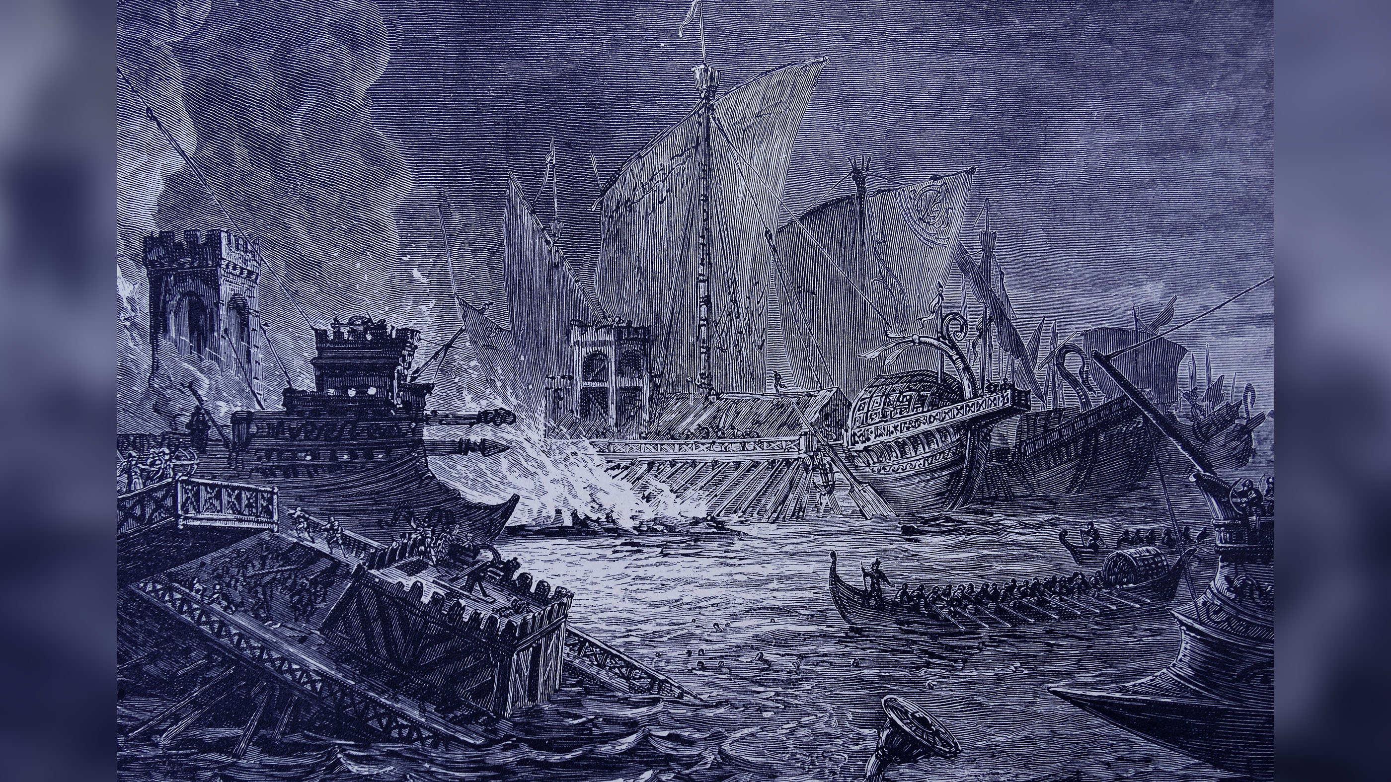 The Battle of Actium, depicted in this engraving, was the decisive confrontation of the Final War of the Roman Republic, a naval engagement between Octavian and the combined forces of Mark Antony and Cleopatra on Sept. 2, 31 B.C.