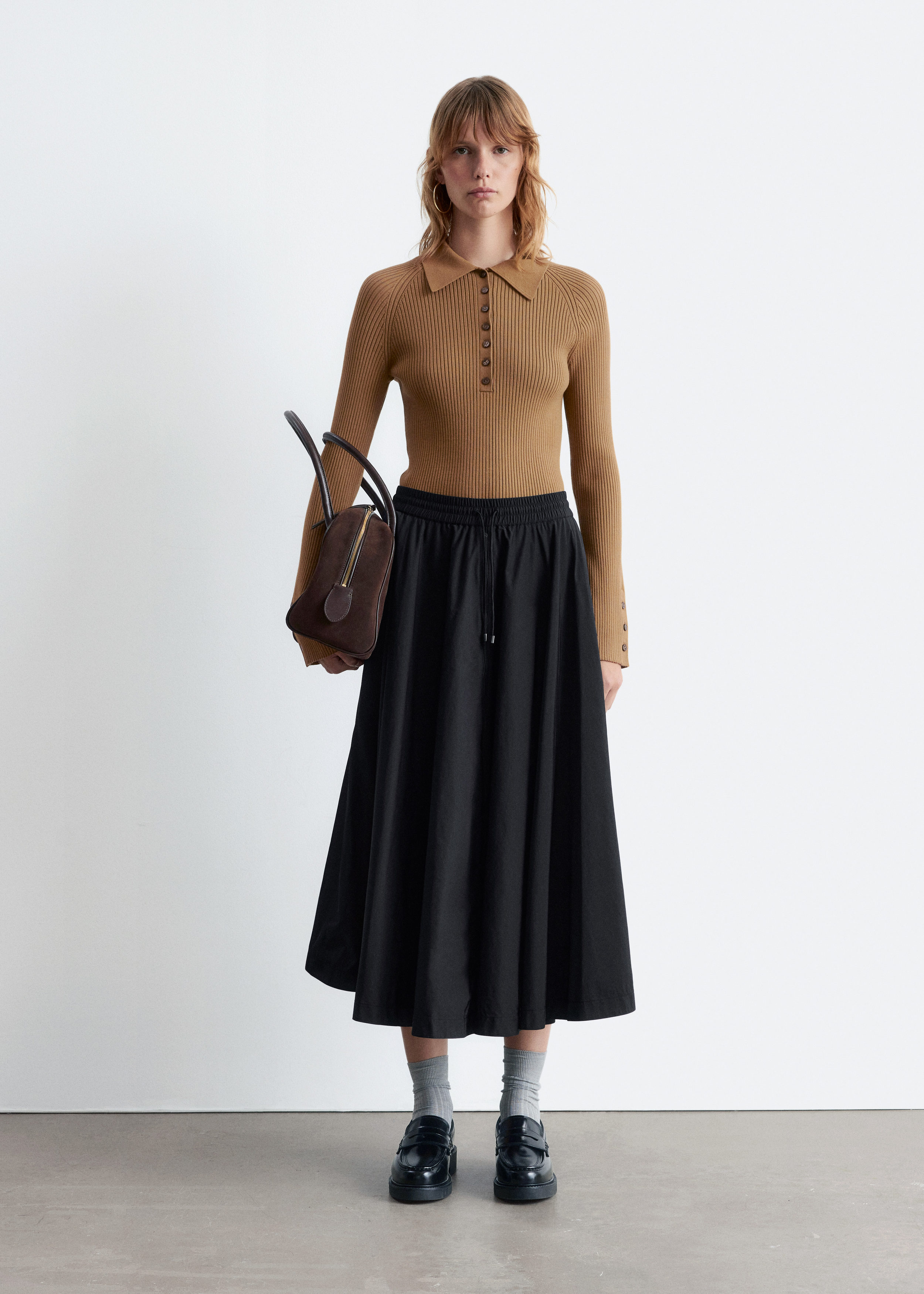 Drawstring A-Line Midi Skirt