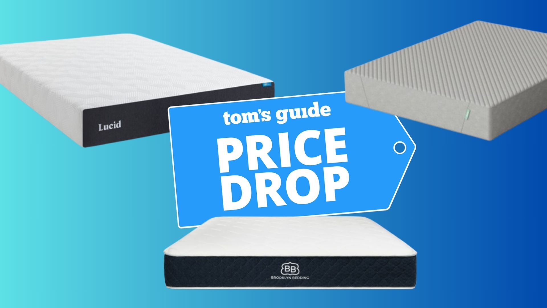 Three mattresses on blue gradient background with Tom&#039;s Guide price drop badge in center