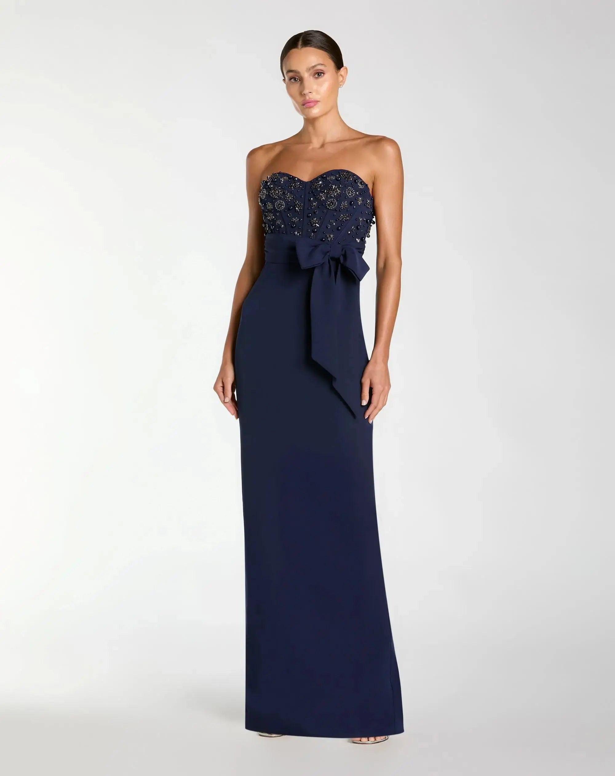 Navy Strapless Embellished Bustier Gown With Bow