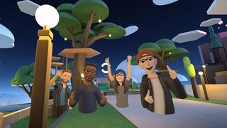 Metaverse; characters in a virtual world celebrate
