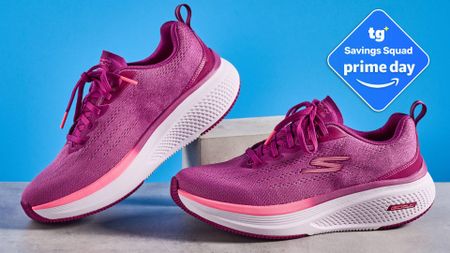 the skechers go run elevate 2.0 running shoes in the women's style, in fuchsia pink, photographed against a blue background