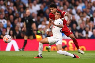 : Luis Diaz of Liverpool scores a goal, incorrectly ruled offside and disallowed during the Premier League match between Tottenham Hotspur and Liverpool FC at Tottenham Hotspur Stadium on September 30, 2023 in London, England. (Photo by Marc Atkins/Getty Images)