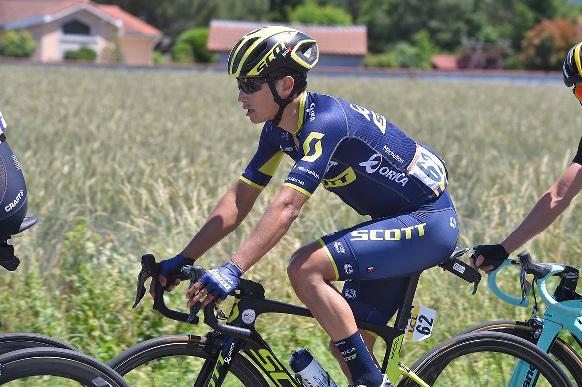 Esteban Chaves sits in the peloton on stage 2 of the Criterium du Dauphine