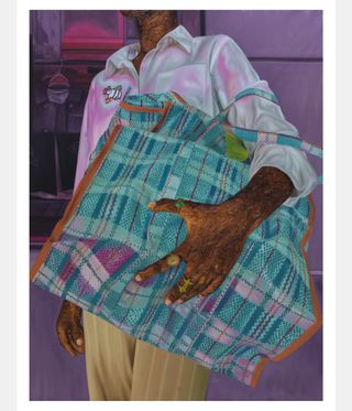 oil painting of a Black figure holding a shopping bag