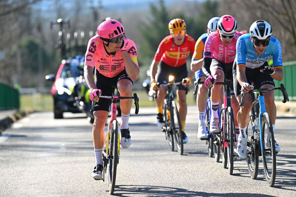 MEJANNESLECLAP FRANCE FEBRUARY 03 LR Stefan Bissegger of Switzerland and Team EF Education EasyPost and Dries De Bondt of Belgium and Decathlon AG2R La Mondiale Team compete in the breakaway during the 54th Etoile de Besseges Tour du Gard Stage 4 a 15848km stage from MejannesleClap to MejannesleClap on February 03 2024 in MejannesleClap France Photo by Luc ClaessenGetty Images
