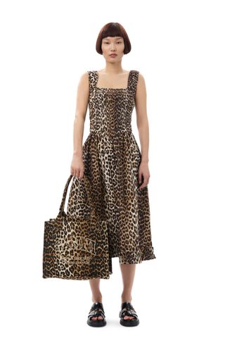 Leopard Printed Cotton Poplin Midi Strap Smock Dress