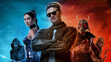 Johnny Cage (Karl Urban), Kitana (Adeline Rudolph), Shao Khan (Martyn Ford), Scorpion (Hiroyuki Sanada) and Noob Saibot (Joe Taslim) in Mortal Kombat 2