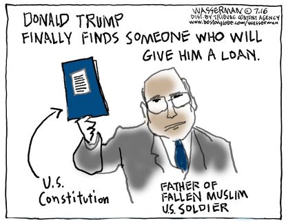 Political cartoon U.S. Donald Trump loan Khan Constitution