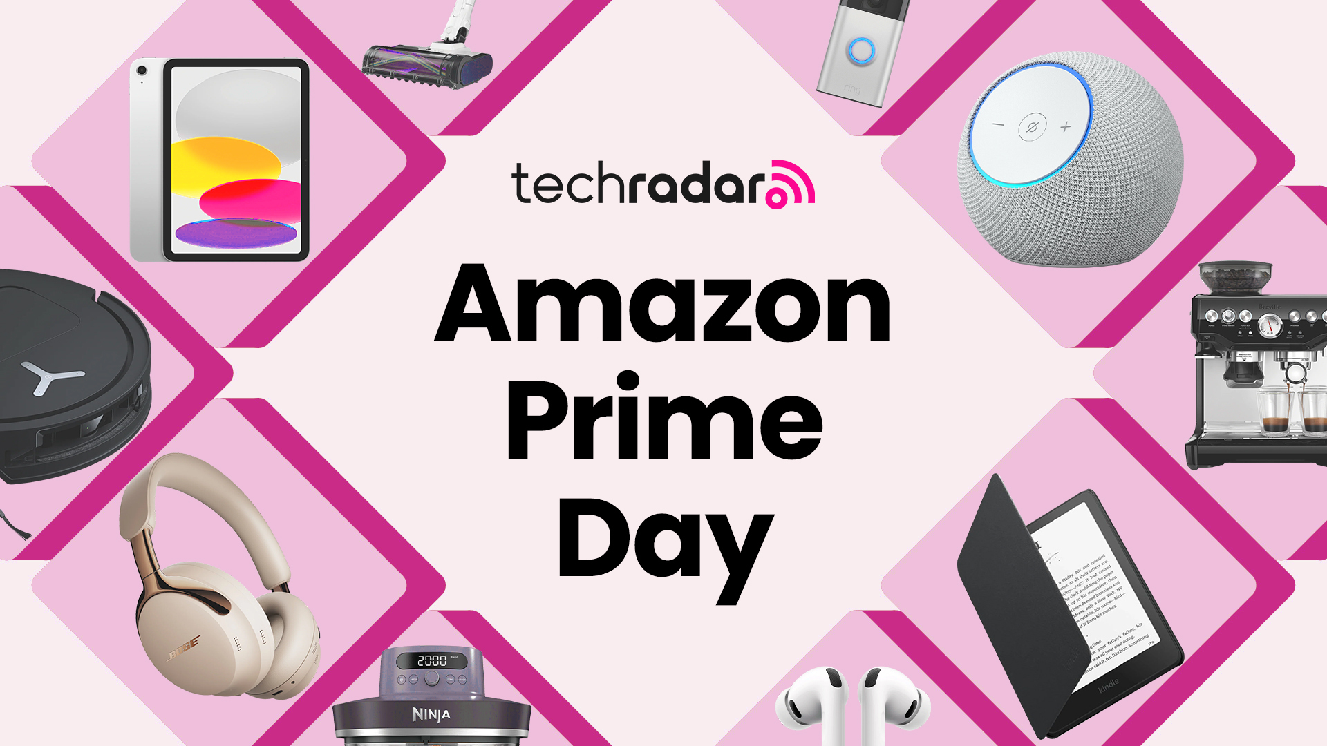 Collage of tech surrounding "Amazon Prime Day" text, all on a pink background.
