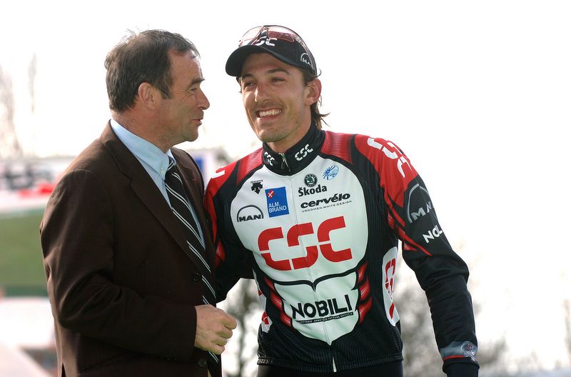 Bernard Hinault with Fabian Cancellara after the Swiss rider won his first Roubaix in 2006