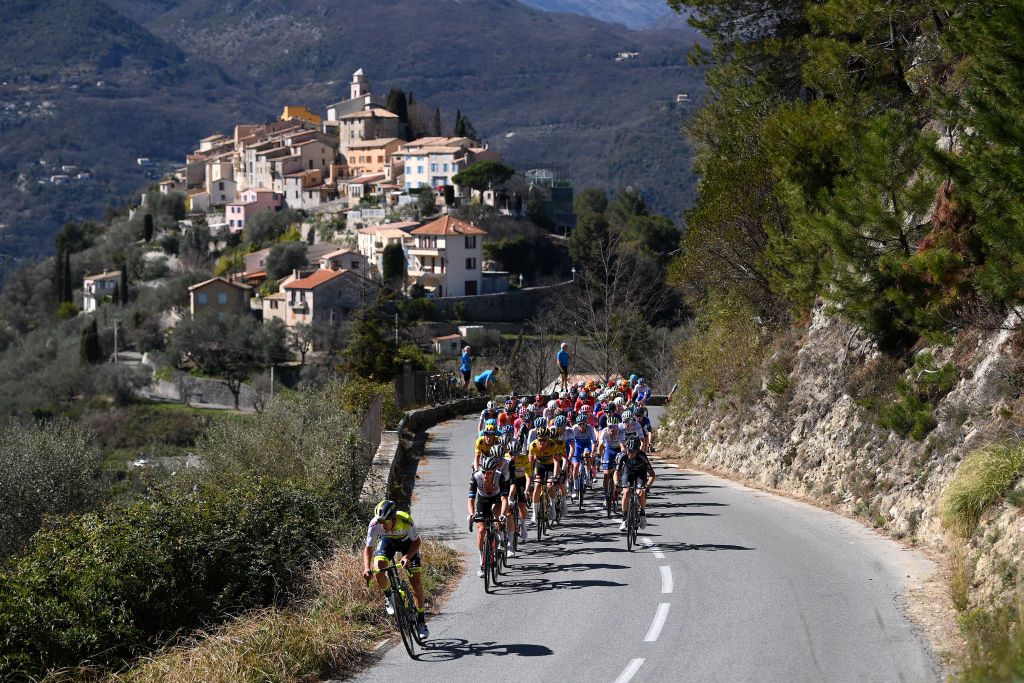 NICE FRANCE MARCH 12 Tadej Pogacar of Slovenia and UAE Team Emirates Yellow Leader Jersey and a general view of the peloton competing during the 81st Paris Nice 2023 Stage 8 a 1184km stage from Nice to Nice UCIWT ParisNice on March 12 2023 in Nice France Photo by Alex BroadwayGetty Images