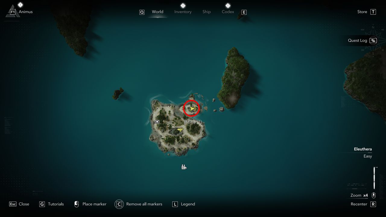 Black Flag treasure maps: A screenshot of the map with a red circle showing the location of the buried treasure chest on Abaco Island.