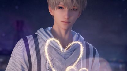 A screenshot shows Xavier from Love and Deepspace smiling softly in front of a sparkling heart