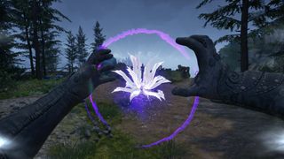 A first-person view of the player character using Dream Touch in Avowed