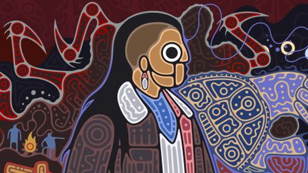 A depiction of survivor Shane Wiigwaas from the next DBD update, shown in an American Indian art style.