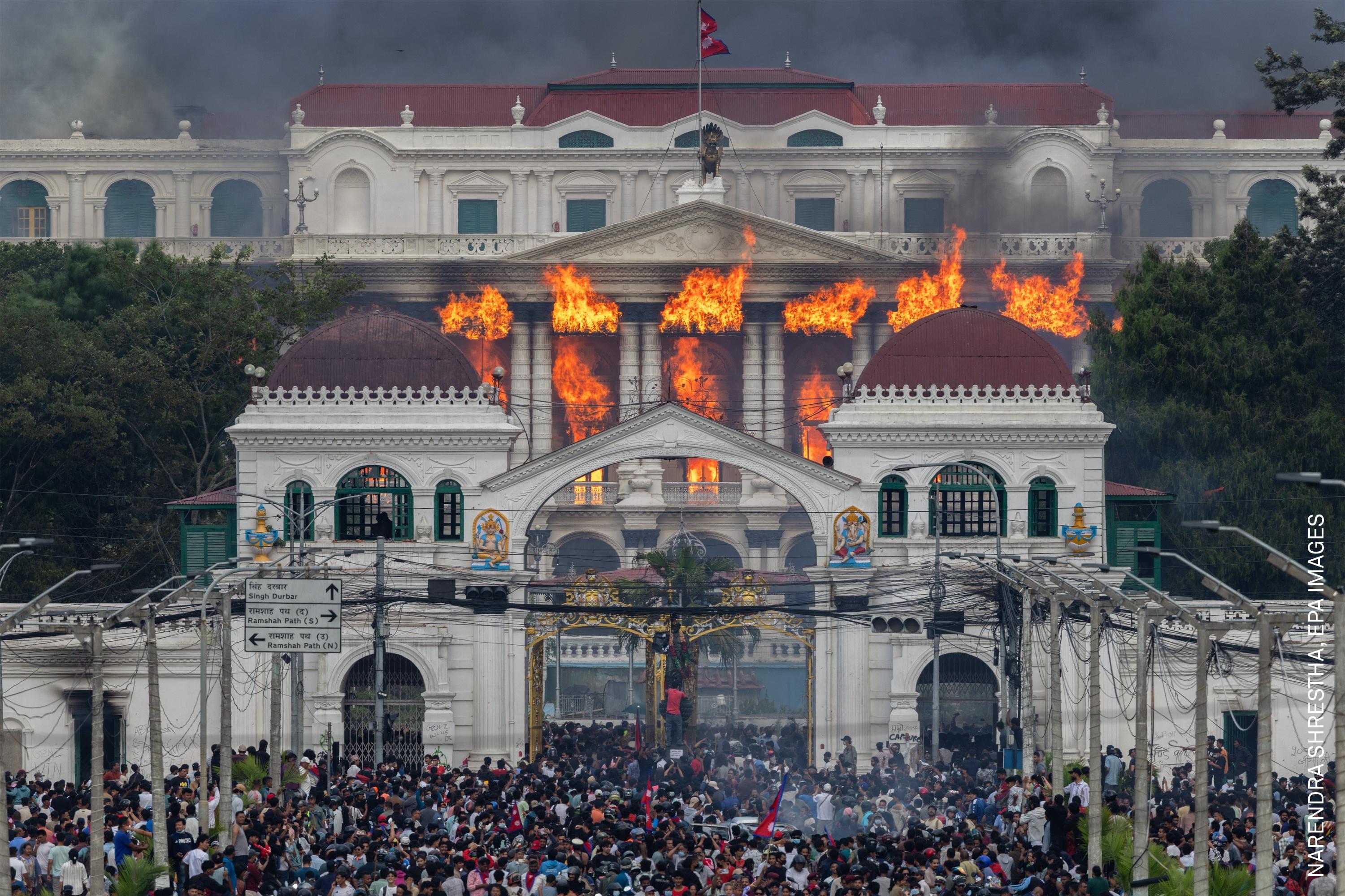 Fire and smoke engulf Singha Durbar after protesters stormed and set the government complex alight during violent demonstrations. Kathmandu, Nepal, 9 September 2025