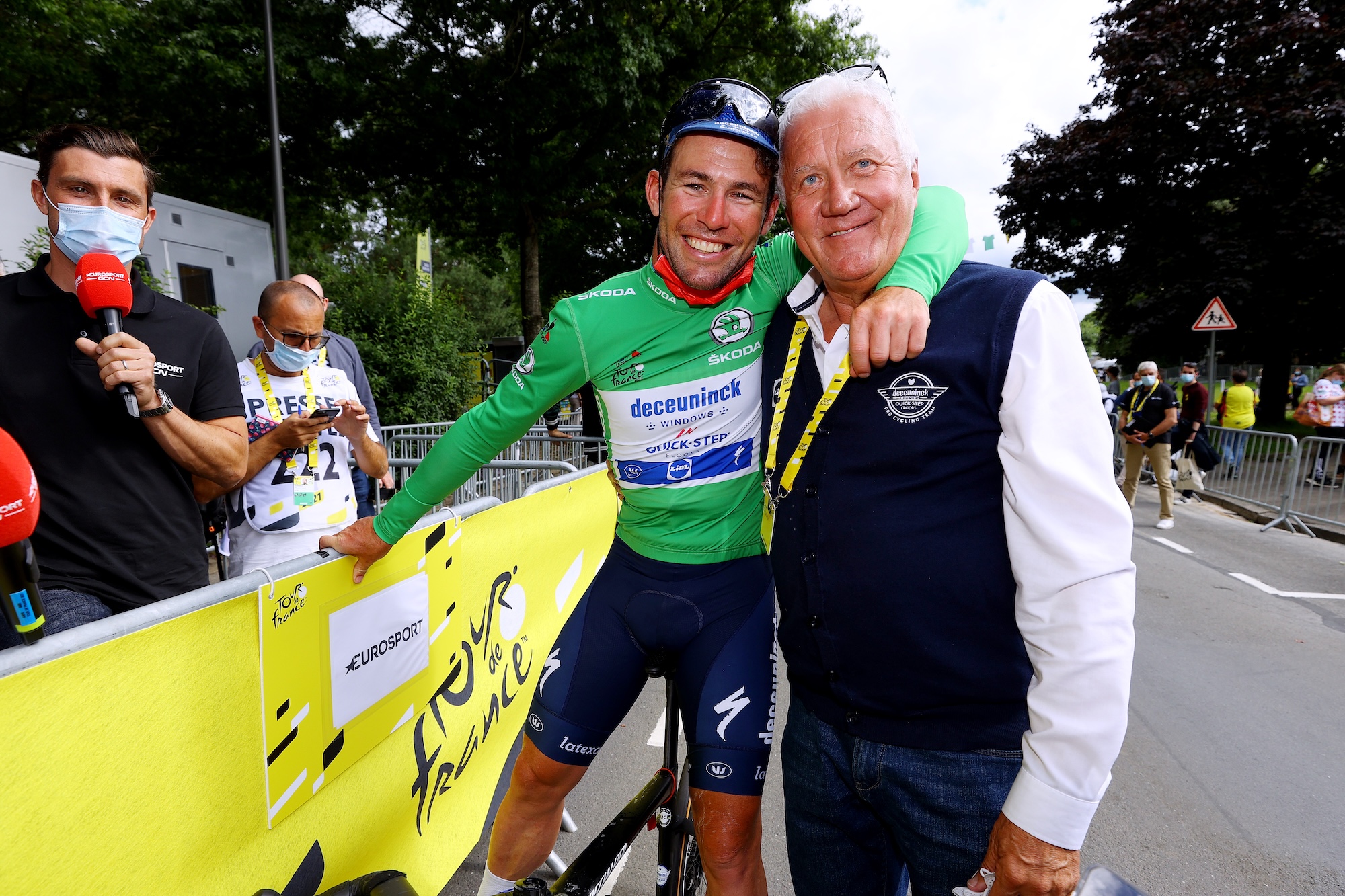 FOUGERES, FRANCE - JUNE 29: Mark Cavendish of The United Kingdom and Team Deceuninck - Quick-Step stage winner &amp; Green Points Jersey &amp; Patrick Lefevere of Belgium CEO Team manager of Deceuninck - Quick-Step celebrate at arrival during the 108th Tour de France 2021, Stage 4 a 150,4km stage from Redon to Foug&egrave;res / @LeTour / #TDF2021 / on June 29, 2021 in Fougeres, France. (Photo by Tim de Waele/Getty Images)