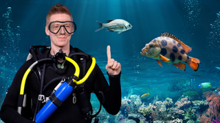 A Photoshopped image of Tobias Forge in a scuba costume smiling and pointing at fish