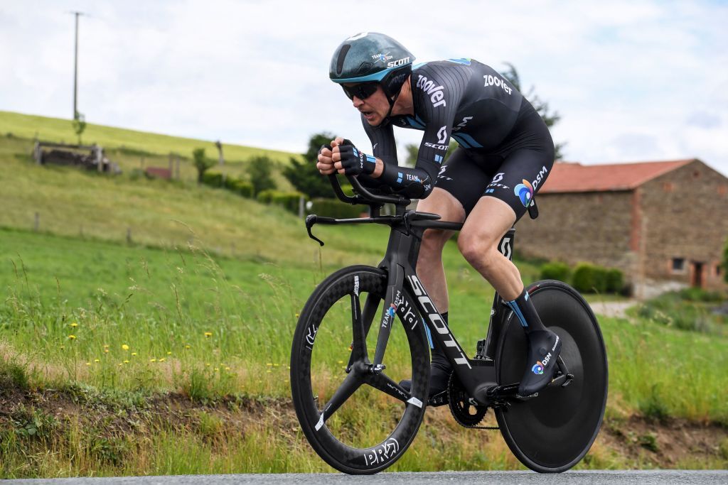 Team DSMs Chad Haga of US competes during the fourth stage of the 73rd edition of the Criterium du Dauphine cycling race a 16km time trial between Firmigny and RochelaMoliere on June 2 2021 Photo by Alain JOCARD AFP Photo by ALAIN JOCARDAFP via Getty Images