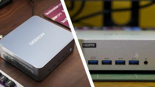 The Geekom AX8 Max and Geekom A9 Max on a desk during our testing in a split image format