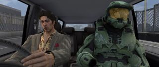 Nishikiyama and Master Chief sitting in the front of a sedan.