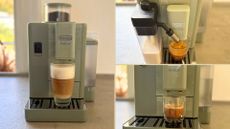 Three images of the De'Longhi Rivelia Start making coffee