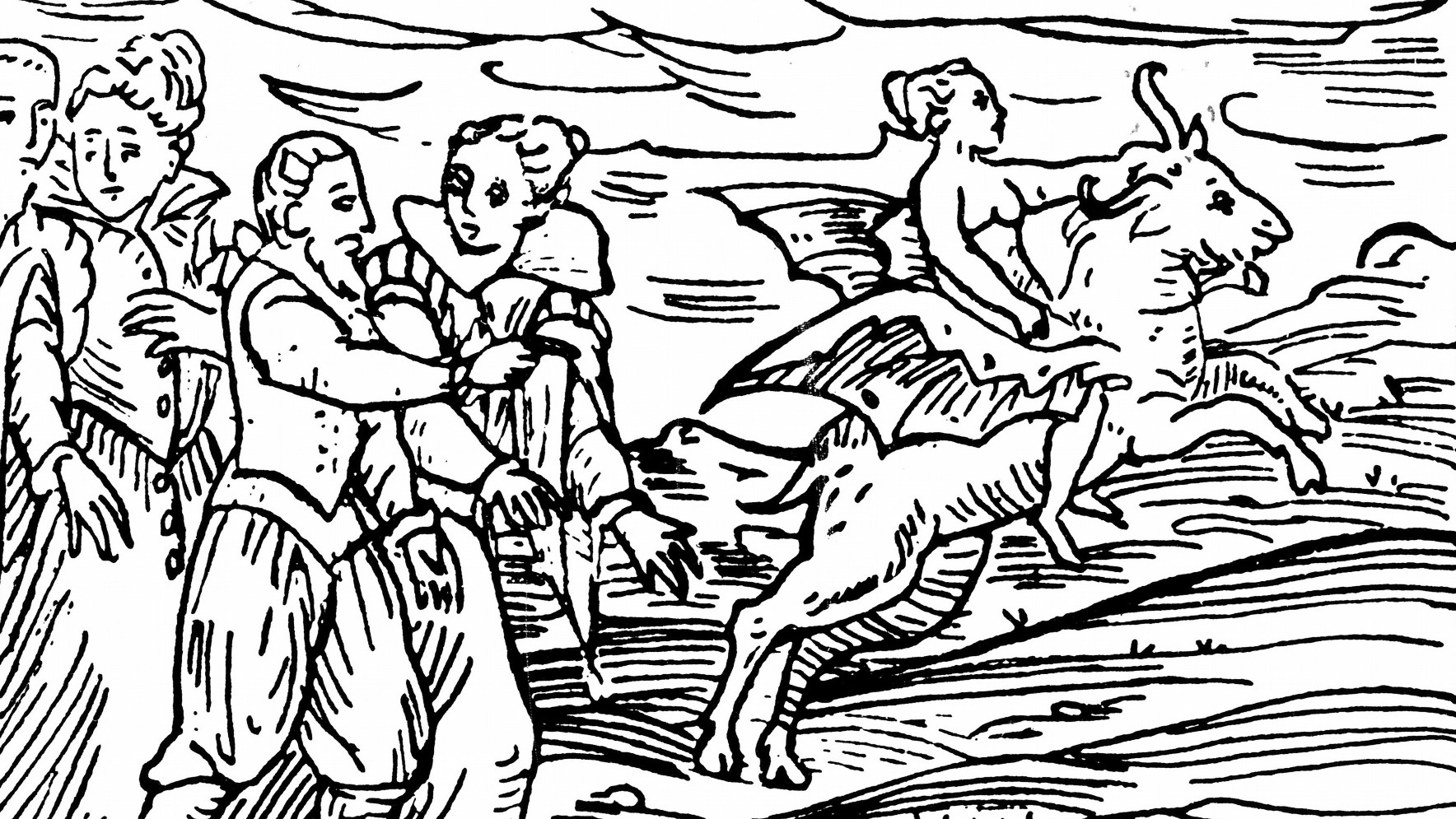 A 1608 woodcut from Francesco Maria Guazzo's Compendium Maleficarum showing Satan as a flying goat, carrying a witch to the Sabbath.