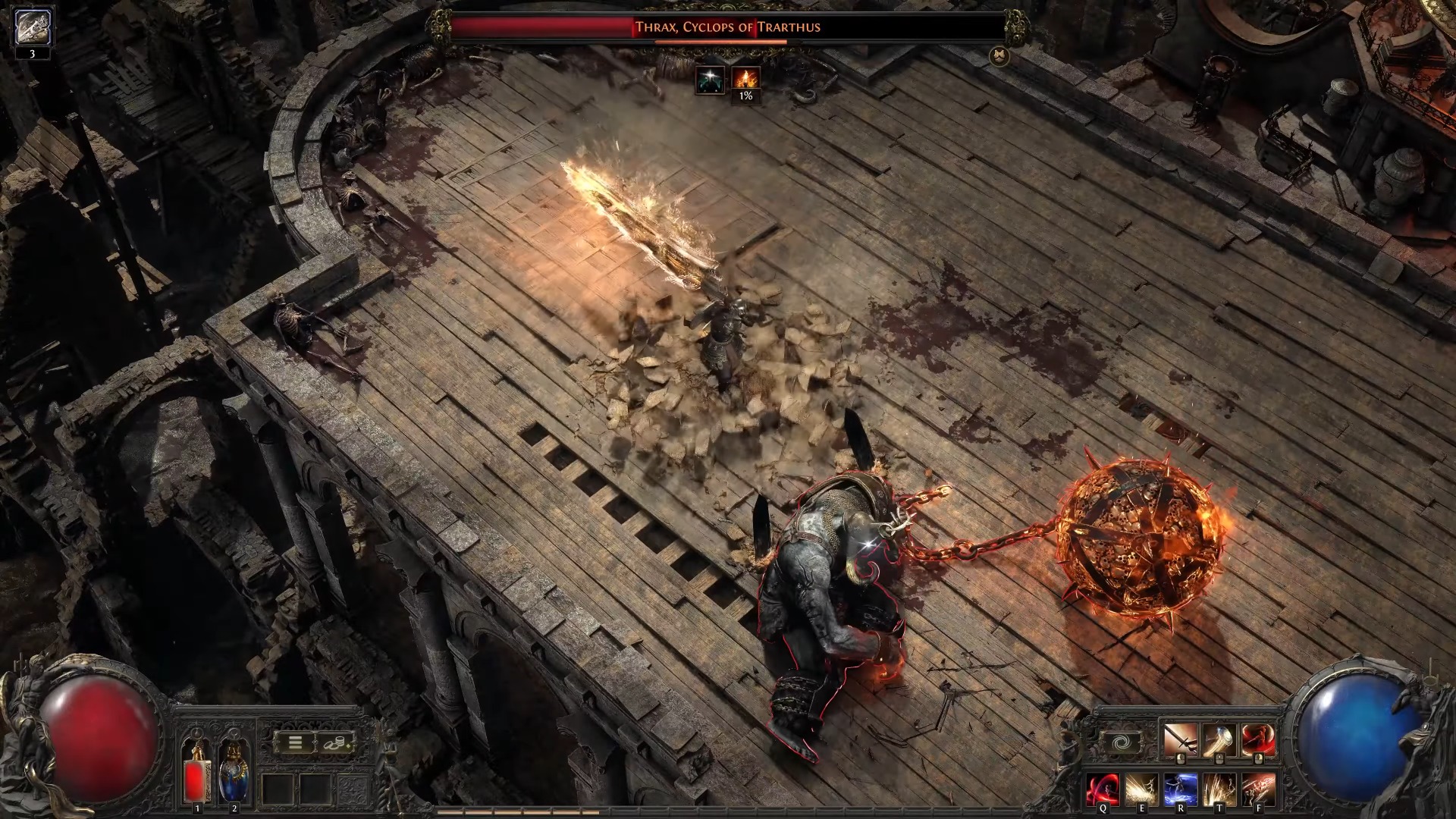 A top-down view of a video game boss fight featuring Thrax, Cyclops of Trarthus, wielding a large flaming spiked ball on a chain on a wooden deck.