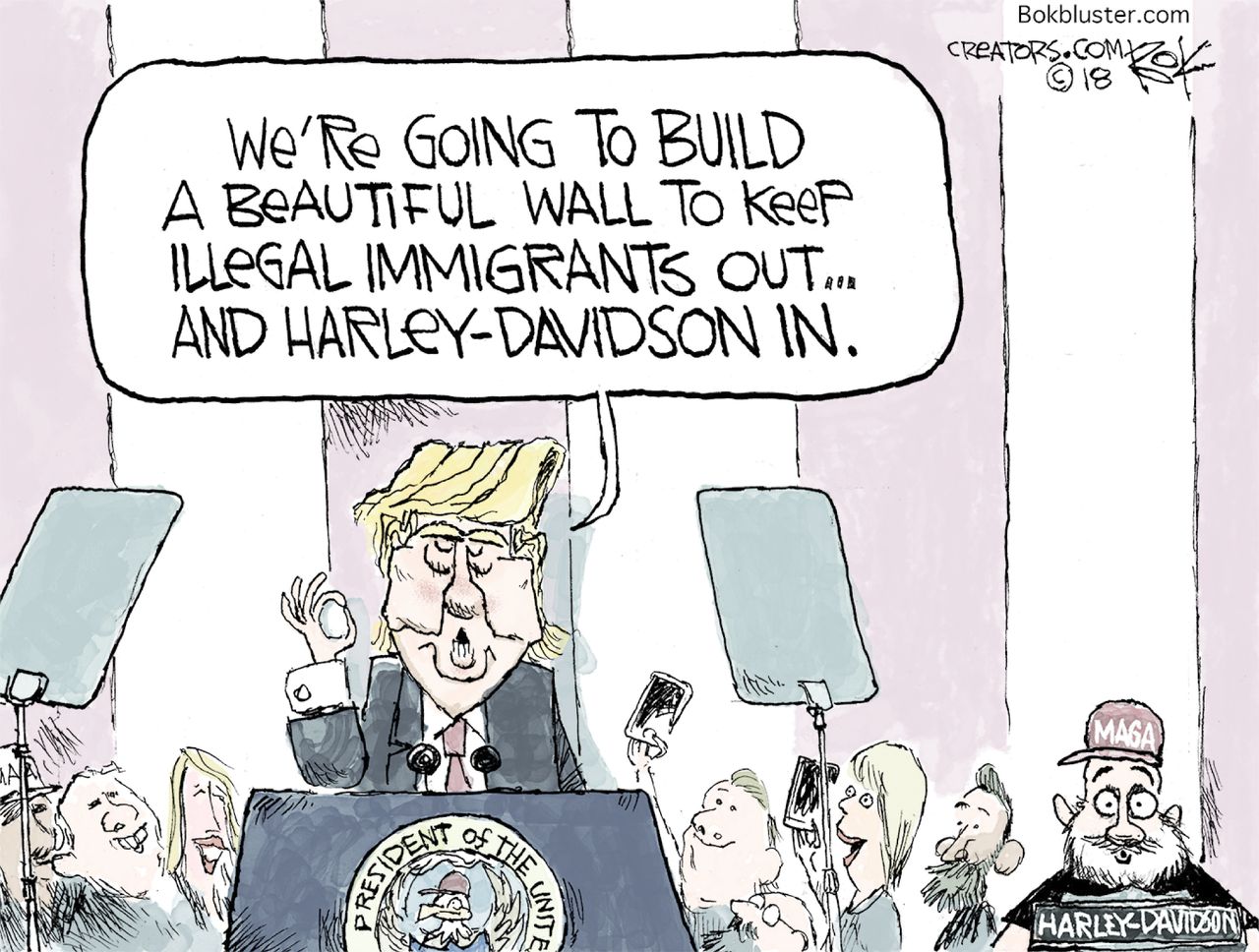 Political Cartoon U.S. Trump Mexico wall Harley-Davidson