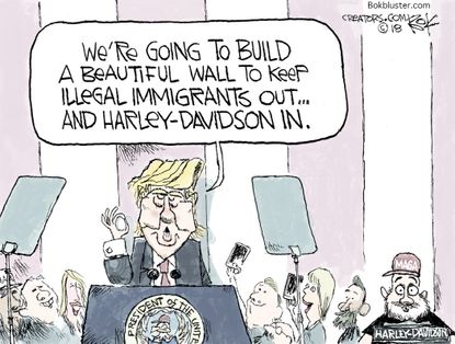 Political Cartoon U.S. Trump Mexico wall Harley-Davidson