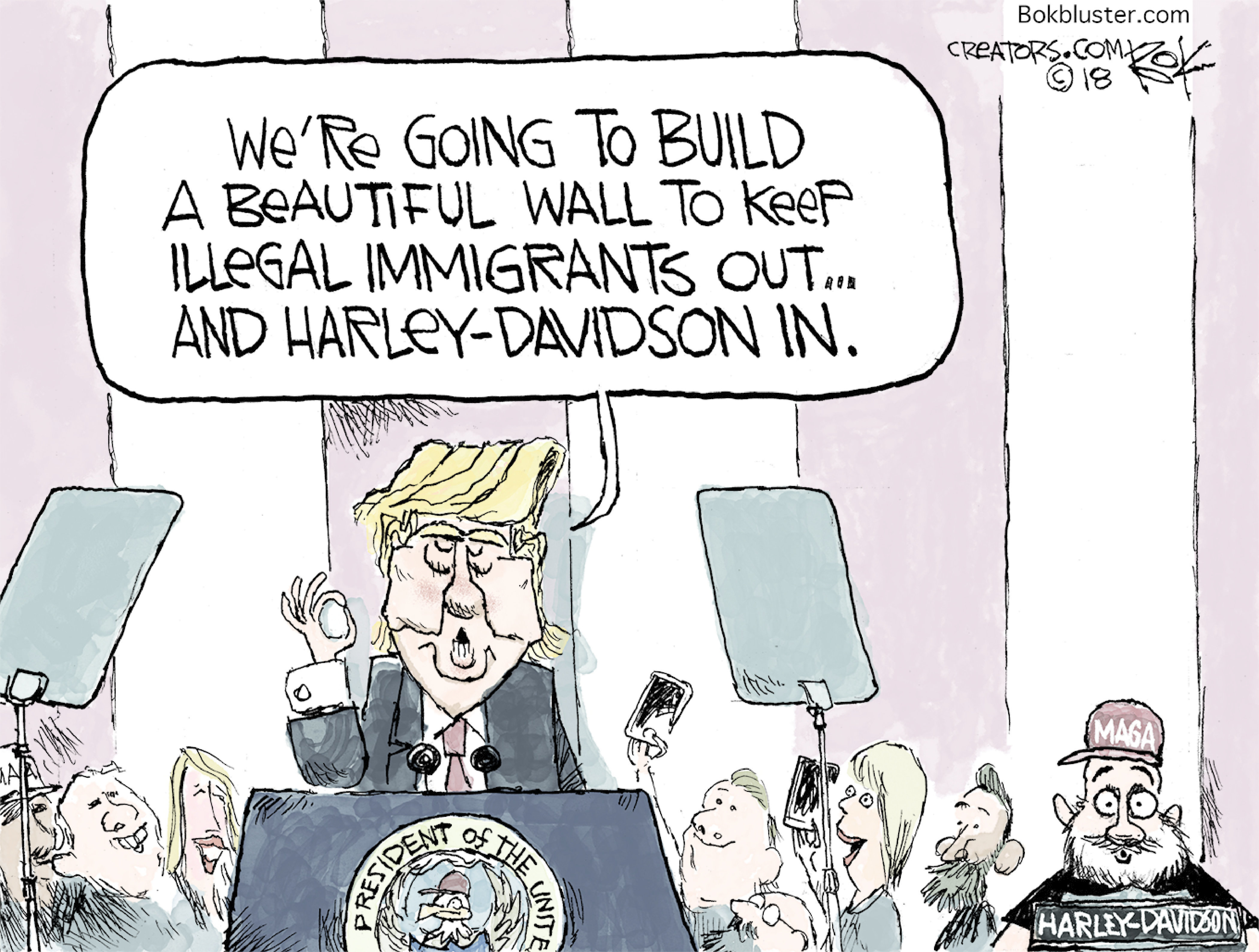 Political Cartoon U.S. Trump Mexico wall Harley-Davidson