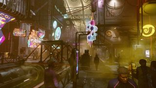 Starfield— A crowded, neon-lit city street, shrouded with an industrial haze.