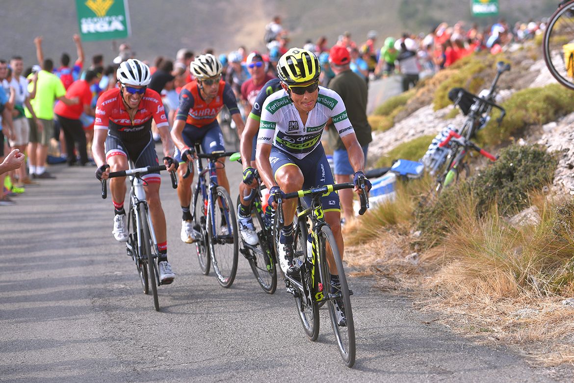 Esteban Chaves pressing the attack on the final climb of the Vuelta a Espa&ntilde;a's 14th stage