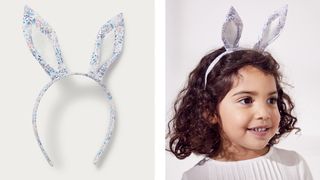 The left of the image shows the children's bunny ears headbands in it's pastel floral coloured pattern. The right of the image shows a young curly brunette haired girl modelling the headband.