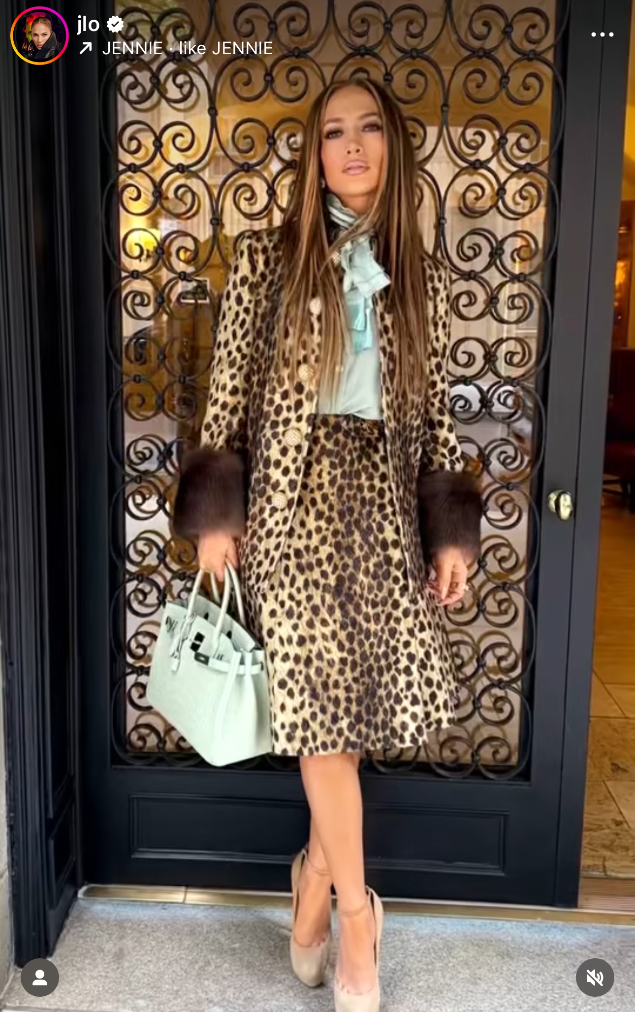 jennifer lopez wears a cheetah print skirt set with her mint green croc skin birkin bag