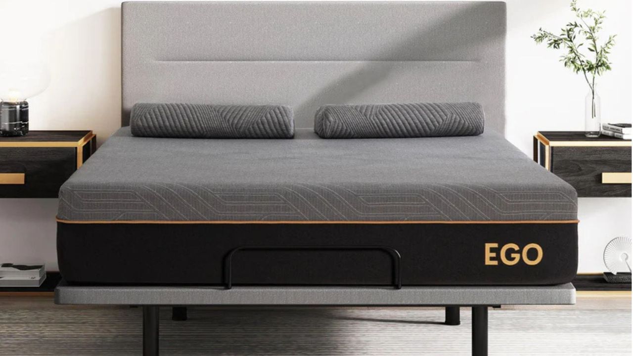 The EGOHOME Black 12" Mattress in a white bedroom.