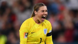 Mary Earps of England celebrates the team's 1-0 victory in the second match at the 2023 FIFA Women's World Cup.