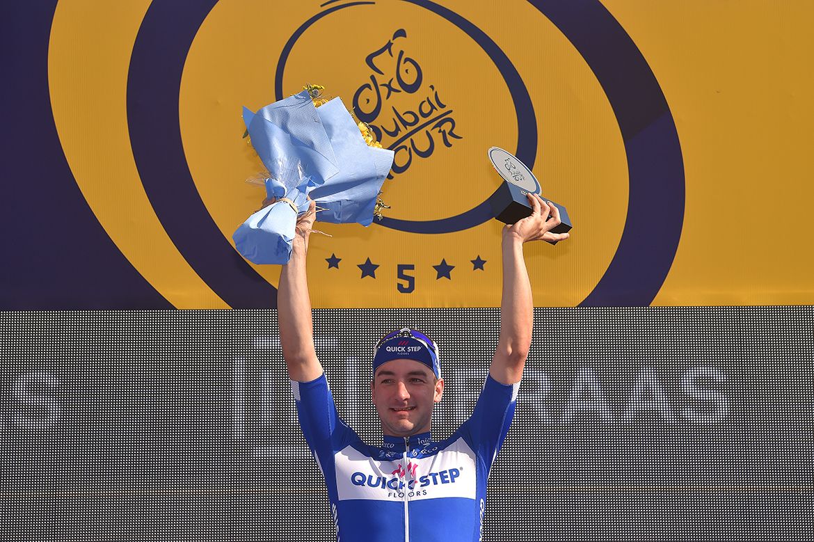 Elia Viviani (Quick-Step Floors) with the spoils at the Dubai Tour.