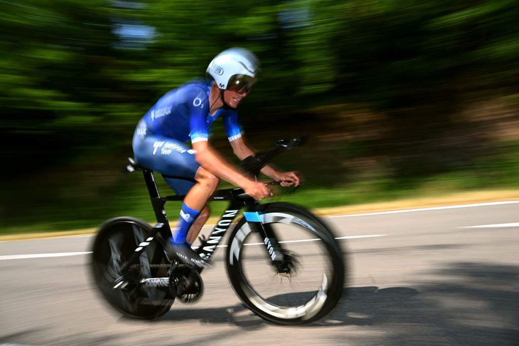BELMONTDELALOIRE FRANCE JUNE 07 Enric Mas of Spain and Movistar Team sprints during the 75th Criterium du Dauphine 2023 Stage 4 individual time trial from Cours to BelmontdelaLoire 482m UCIWT on June 07 2023 in BelmontdelaLoire France Photo by Dario BelingheriGetty Images