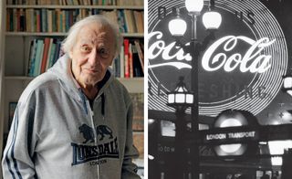 Left: portrait of William Klein in his home; Right: black and white photo of Piccadilly, London with Coca-Cola sign and London Transport sign both visible