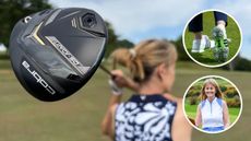 A golfer hits a driver, with two circles featuring a golf shoe and a top