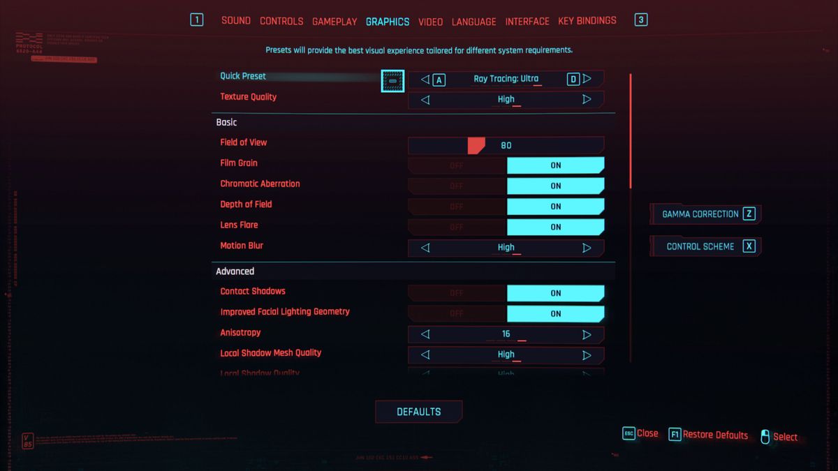 Cyberpunk 2077 Settings